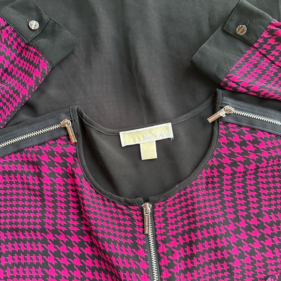 Michael Kors Sheer Houndstooth Raspberry & Black Long Sleeve Front Zip Blouse~ L - Picture 7 of 10